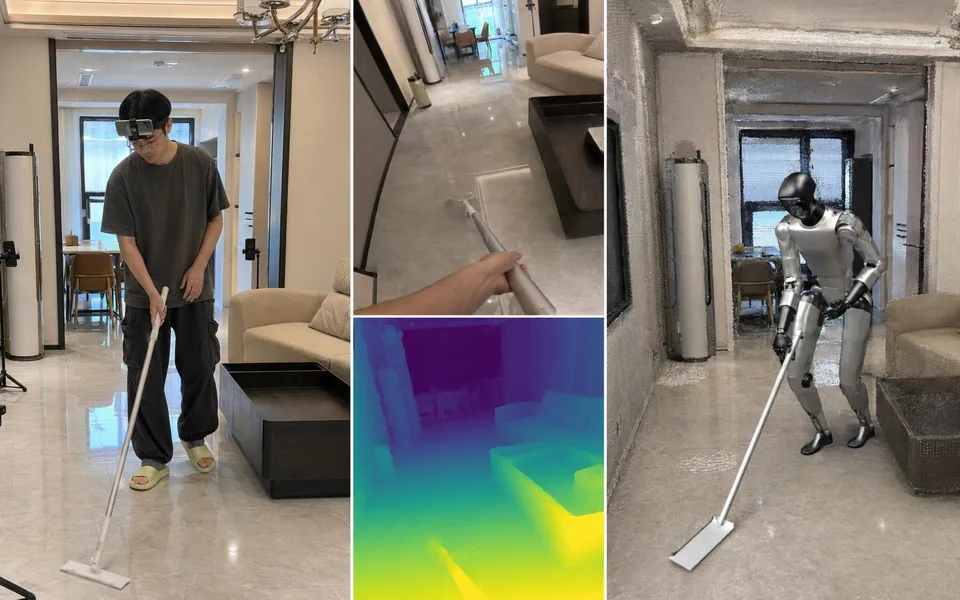 Multi-camera capture in a real home, and the same motion replayed on a humanoid.