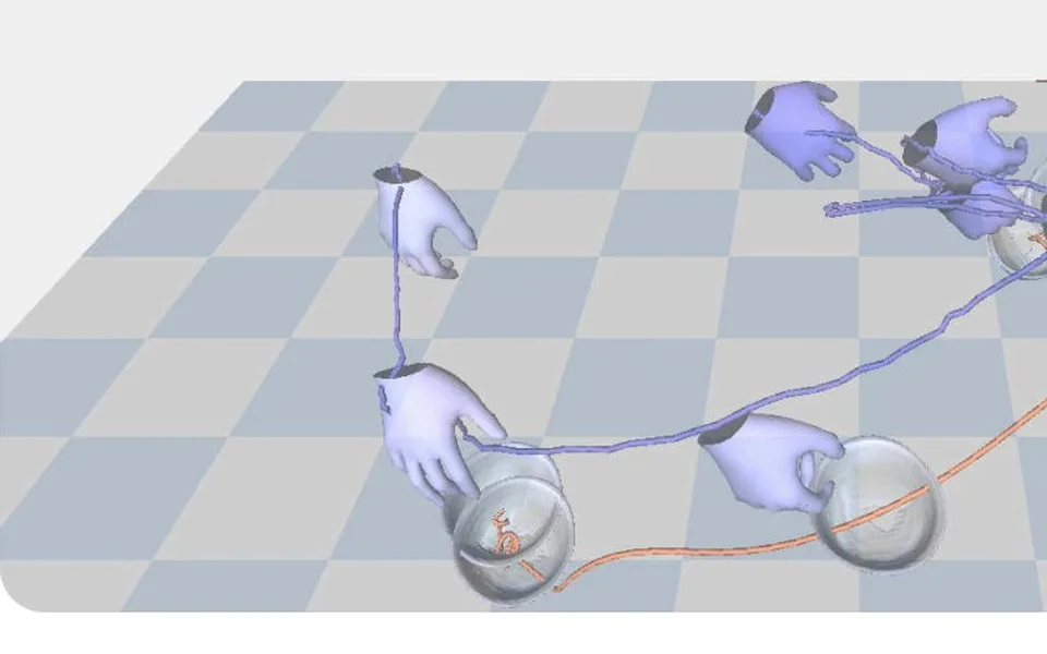 Both hands, the grasped objects and their trajectories reconstructed in one world frame.